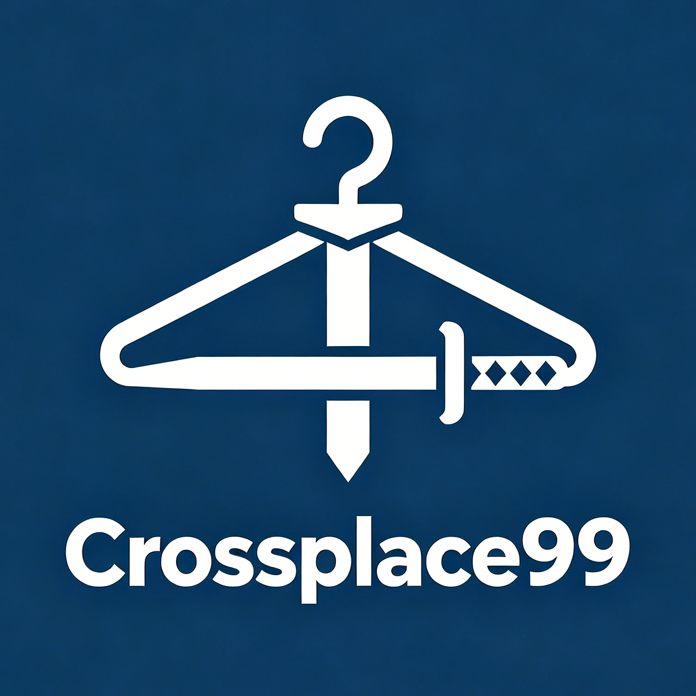 White Crossplace99 cosplay shop logo on deep navy blue background; merged clothes hanger and katana sword graphic representing cosplay costumes, props and accessories retail store
